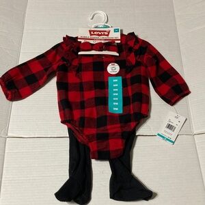 Levi's Toddlers Girls Red and Black Plaid Baby Set 9M Bubble Romper and Headband
